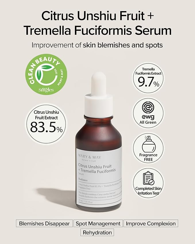 Mary&May Citrus Unshiu Fruit + Tremella Fuciformis Serum 1.01 Fl Oz / 30ml | VItamin Serum, Improves Skin Tone and Blemish, Recovering Glowy and Transparent Skin, Fragrance Free | EWG Green