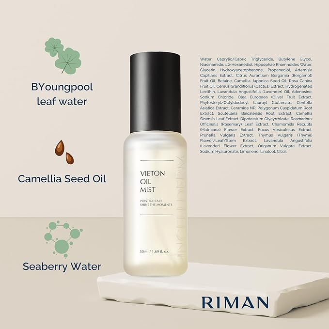 Riman Incellderm Vieton Oil Mist 50ml | Bi-Phasic Hydration with Camellia Seed Oil & Seaberry Water | Korean Skin care Mist for Moisture & Balance| Natural Facial Spritz Moisturizer