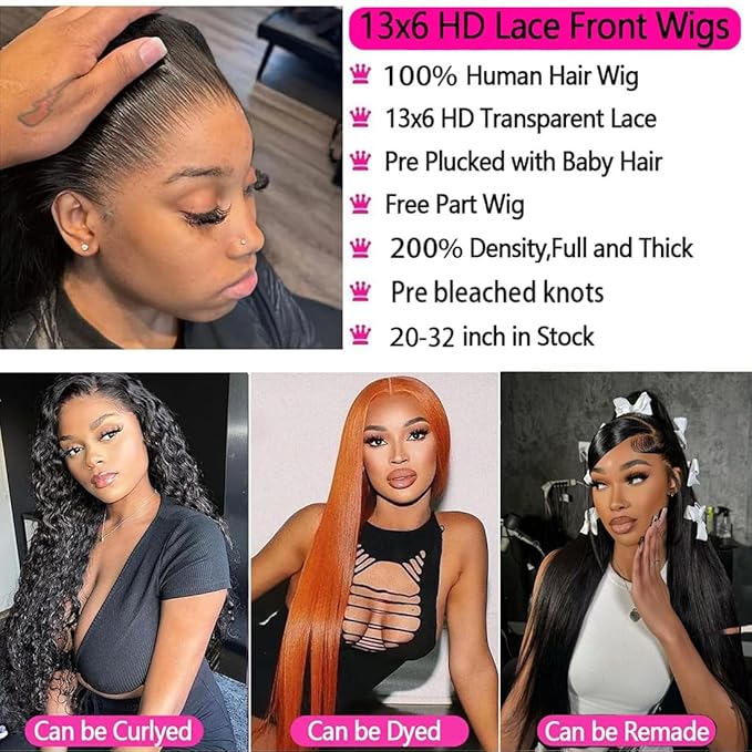 13x6 Lace Front Wigs Human Hair 200% Density Ear to Ear Pre Plucked Pre Bleached Knots with Baby Hair Brazilian Unprocessed Waterfall Straight Human Hair Wigs for Black Women (28 Inch)