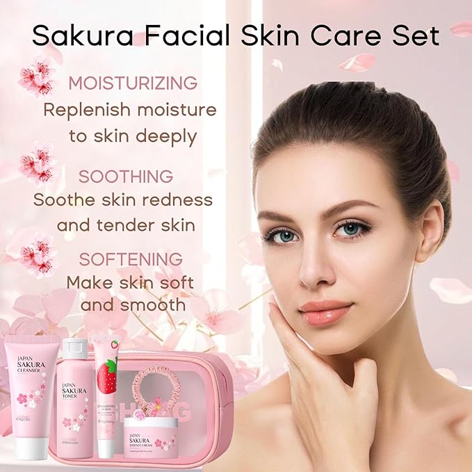 Cherry Blossom Skincare Set Mother's Day Gifts - Skin Care Set Hydrating - Skincare for Girls 10-12 Moisturizing - Travel Kit with Cleanser,Toner,Lip Mask,Cream(One Size, Cherry Blossom 6PCS Scent)