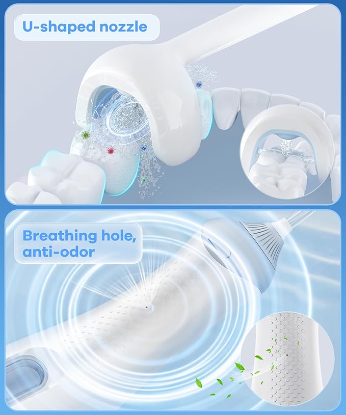 Water Flosser with U-Shape Tips & 4 Modes, 350ml Cordless Dental Irrigator, IPX8 Waterproof, 8 Replacement Tips for Teeth Braces Care (White)