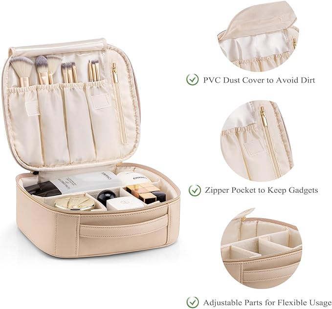 Vlando Toiletry Bag, Large Wash Bag, Travel Cosmetic Make-up Bag, Multi-compartment with Dividers for Cosmetics Makeup Brushes Toiletry Jewelry Accessories (Milk Tea, Large)