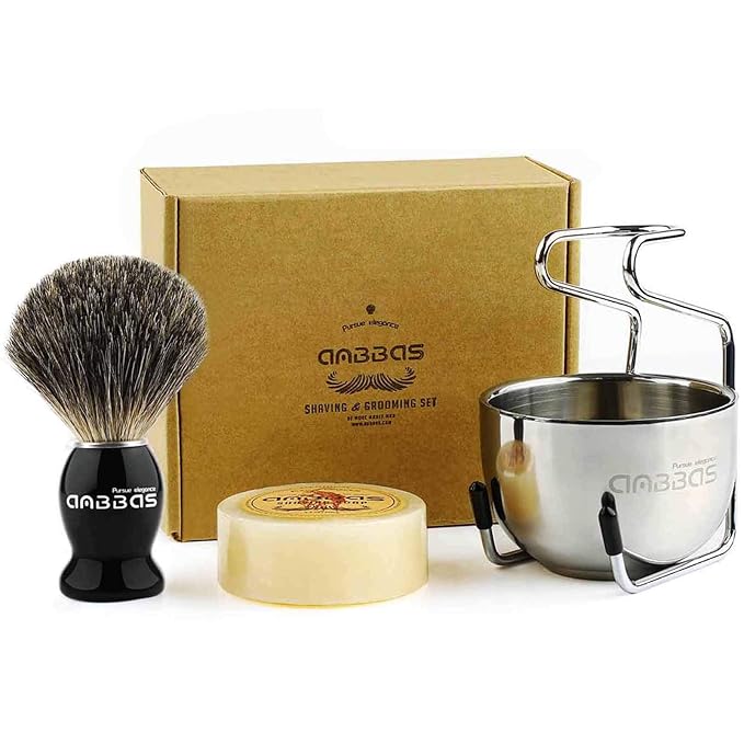 Anbbas Pure Badger Bristles Shaving Brush Black Wood Handle and Refill Soap Bar 100g,Stainless Steel Shaving Stand and Soap Cup Kit Perfect for Men