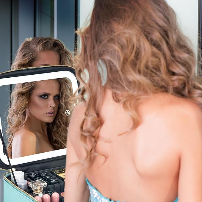 Makeup Travel Train Case with Mirror LED Light 3 Adjustable Brightness Cosmetic Bag Portable Storage Adjustable Partition Waterproof Makeup Brushes Makeup Jewelry Gift for Women (light blue)