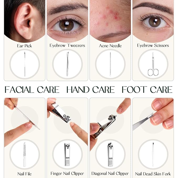 Geosar 12 Sets Manicure Set Nail Clippers Pedicure Kit 8 in 1 Stainless Steel Professional Grooming Kits Nail Care Tools with Travel Case for Men Women(Green)