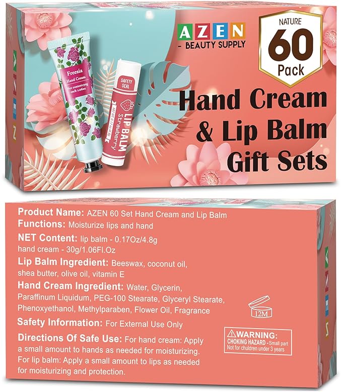AZEN 60 Sets Hand Cream and Lip Balm Set with Organza Bag Thank You Card, Baby Shower Wedding Gifts for Guests, Bridal Souvenirs for Colleagues Employee Coworkers, Party Favor for Female Friends