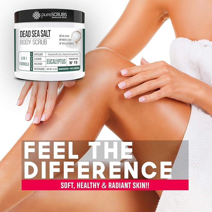 pureSCRUBS Premium Eucalyptus Body Scrub Set - Large 16oz Dead Sea Salt Body Scrub With Infused Essential Oils & Nutrients, Includes Wooden Spoon, Loofah & Oatmeal Exfoliating Bar Soap