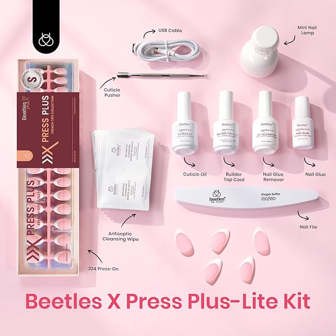 Beetles X Press Kit Gel Nail Kit, Press On Nails Short Almond Kit with 224Pcs French Nail Tips Nail Glue & Remover Builder Top Coat Mini Nail Lamp All-in-One DIY Nail Kit Gift for Women