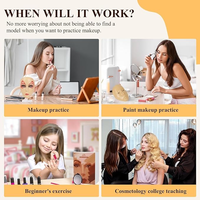 Yellow Silicone Makeup Practice Head - Set with Face Painting Mannequin, Brushes, Eyebrow Pen, Gift Accessories