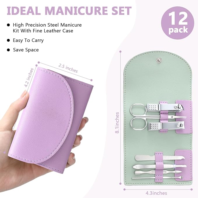 12 Set Manicure Set Bulk Mini Manicure Nail Clipper Kit 7 in 1 Stainless Steel Professional Nail Care Pedicure with Travel Portable Bag Grooming Kits for Women Men Home(Purple)
