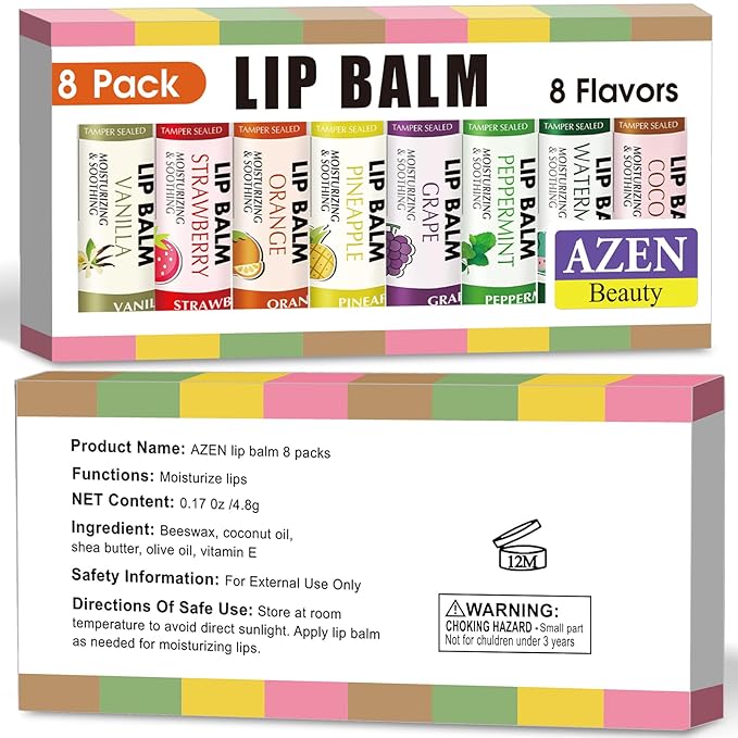 AZEN 8 Pack Lip Balm, Natural Lip Balm Bulk, Lip Care Product, Moisturizing Lip Balms for dry cracked lips - 8 Flavors