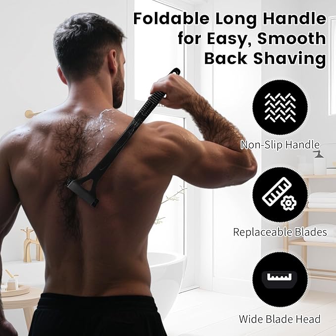 Back Shaver for Men with Foldable Long Handle, Premium Stainless Steel Body & Back Hair Trimmer, Portable Ergonomic Razor Groomer for Men, Replaceable Safety Blades, Wet or Dry Use Smooth Hair Removal