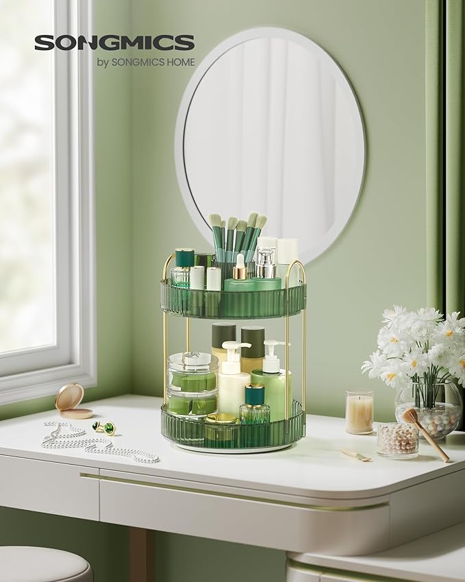 SONGMICS Makeup Organizer, 2-Tier Round Rotating Skincare Organizer Countertop, Customizable, Toiletries Vanity Organizer, Lazy Susan, Gift for Mom, Pale Green UJKA012C01