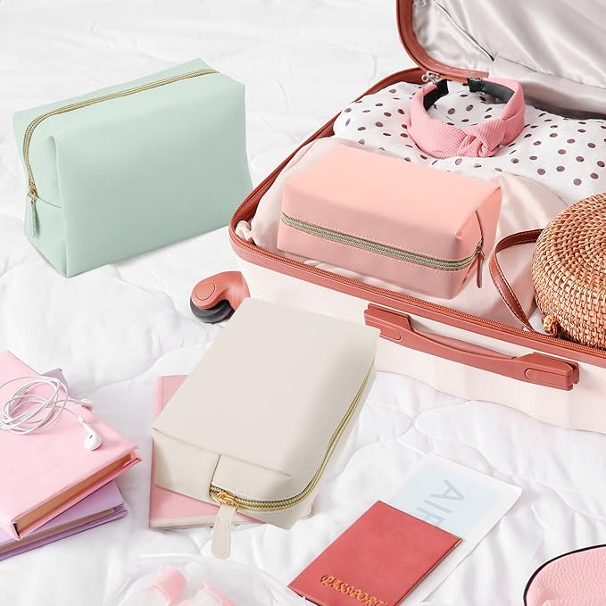 8 Pcs Makeup Bag Pu Leather Cosmetic Pouch Waterproof Small Toiletry Bag Portable Cosmetic Organizer Water Resistant Storage Purse for Lady Women Daily Storage Travel Organizer (Soft Colors,Large)