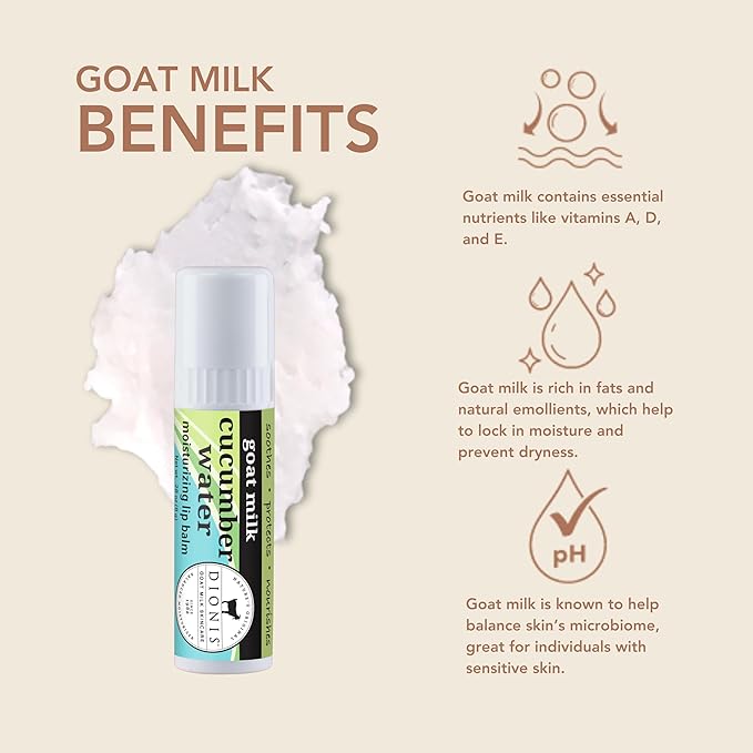 Dionis Goat Milk Skincare Scented Lip Balm, Beeswax, Shea Butter & Coconut Oil Self Care Made in The USA, Cruelty Free, Paraben Free Hydrating Moisturizer for Chapped Lips, Cucumber Water, 0.28oz, 6pk