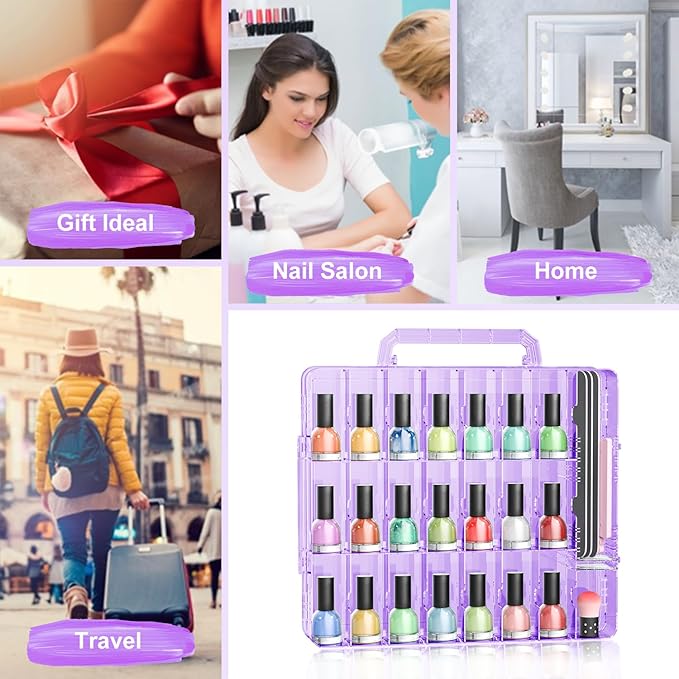 JIASHENG Nail Polish Organizer Case Holders, 48 Bottles Universal Nail Storage Box for Double Side Adjustable Space Divider for Acrylic Nail Gel Dip Powder Tips Set with Toe Separator, Purple