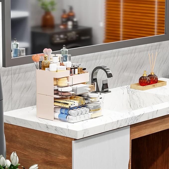 SuoXing Makeup Organizer for Vanity,Large 6 Drawers Make up Organizers for Counter,Plastic Cosmetic Storage Organizer for Dresser Countertop or Bathroom,Beauty Holder for Lipstick,Brush,Skincare,Pink