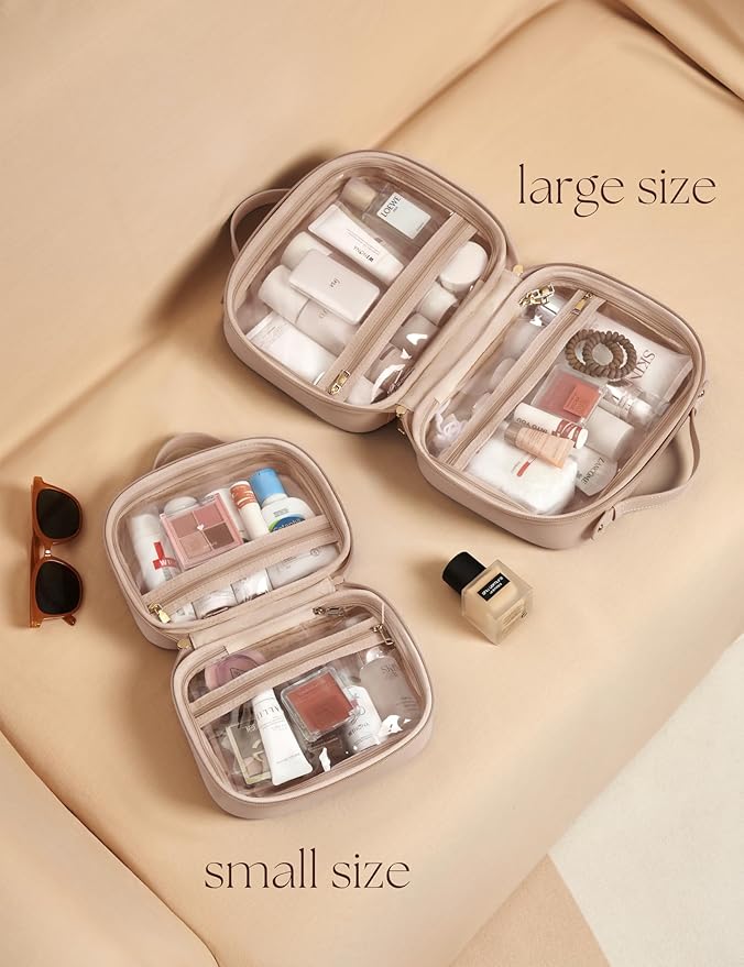 Clear Cosmetic Bag Double Layer 4 Compartments Travel Toiletry Bag Clear Makeup Bag Case with Zipper Transparent Travel Bag for Toiletries, TSA Approved, Gift for Women Girls (Stone)