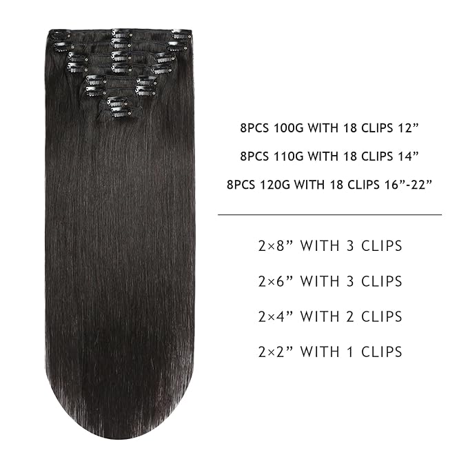 YILITE Clip in Hair Extensions Real Human Hair 8Pcs/Pack 120g Double Weft Invisible Off Black Straight Silky Hair Clip in Human Hair Remy Hair Extensions (16inches #1B Off Black)