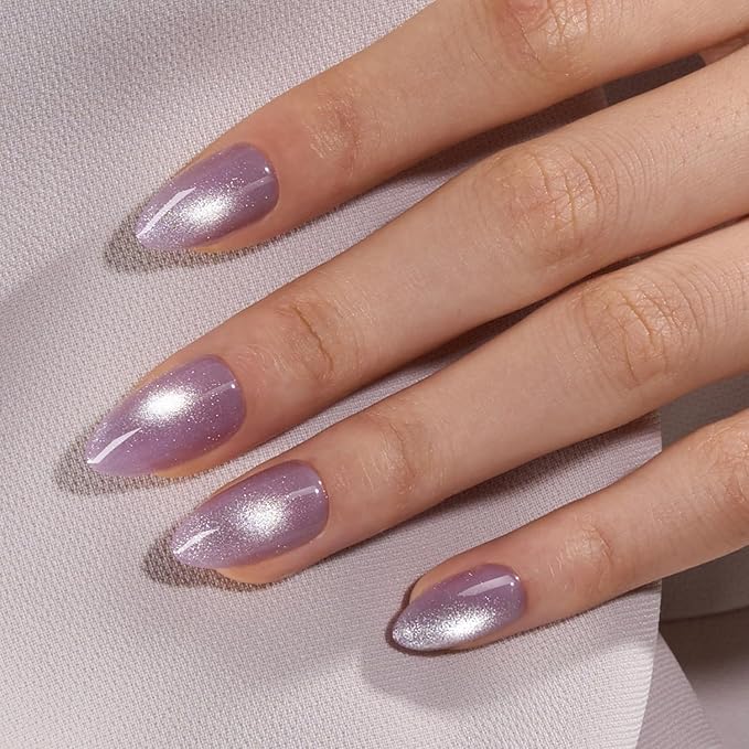 VSALON Short Almond Press-On Nails - Purple Cat Eye Design, Reusable Fake Nails with Nail Glue, Protector Cuticle Oil, Adhesive Tabs & Mini Nail File - 32 PCS in 16 Sizes (Crystal Dawn)