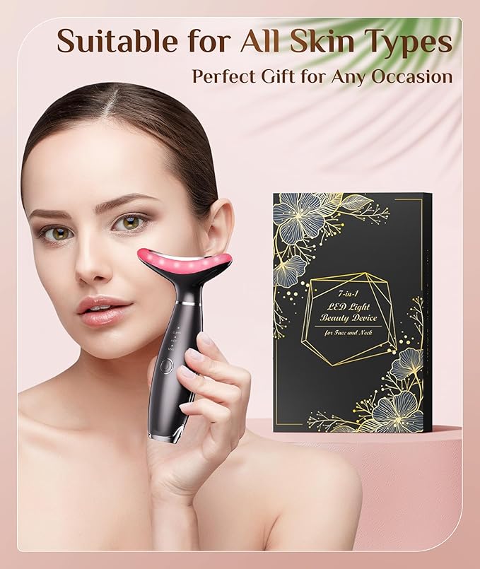 7 Color Galvanic Machines - Red Light Therapy for Face and Neck, Face Massager Tool for Wrinkles, Double Chin, Vibrating Facial Massager with Thermals, Black