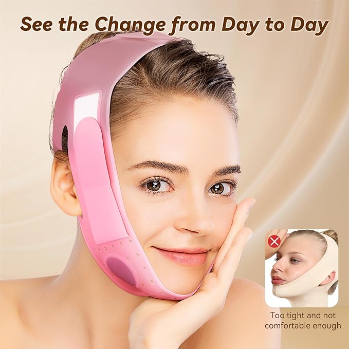 JUSRON V-Line Mask Chin Up Mask Face Strap, Soft Silicone Chin Strap V Shaped Face Mask, Jaw Exerciser 23-27 Inches (Candy Pink)