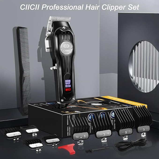 CIICII Hair Clippers for Men Professional, Cordless Barber Clippers for Hair Cutting (Rechargeable USB Adjustable Mens Hair Trimmer with 8 Metal Guards, 13Pcs Grooming Haircut Kit) for DIY Home Salon