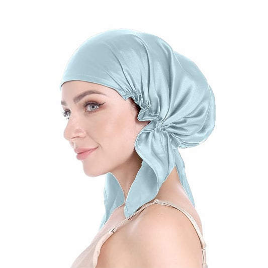 100% Silk Bonnet for Sleeping, Hair Bonnet with Tie Band, Large Silk Sleep Cap for Curly Hair, Silk Hair Wrap for Hair Care (Blue)