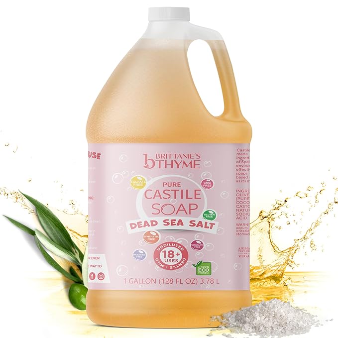 Brittanie's Pure Organic Castile Liquid Olive Oil Soap Refill, Dead Sea Salt, 1 Gallon | Face, Body Wash, Dishes, Pets & Laundry | Vegan & Gluten Free Non-GMO