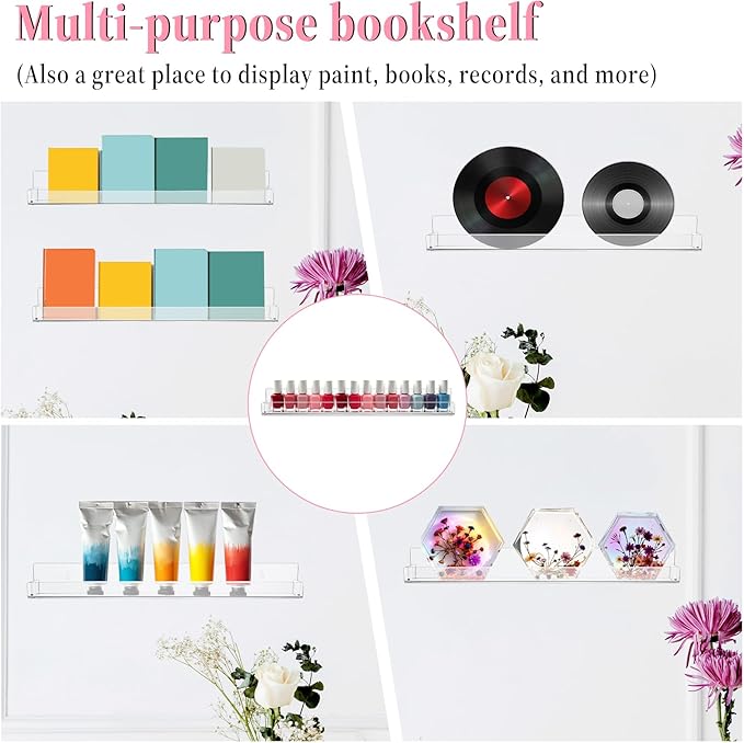 12 Pack Nail Polish Organizer Wall Rack Wall Mounted Shelf Acrylic Clear Nail Polish Shelves Wall Organizer Holder Display Nail Supplies for Nail Techs