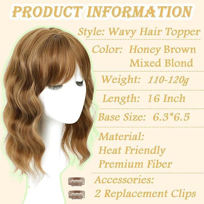 16 Inch Hair Toppers for Women with Thinning Hair, 360° 3D Realistic Toppers for Women Wispy Bangs Clip Synthetic Curly Wavy (H6-22)