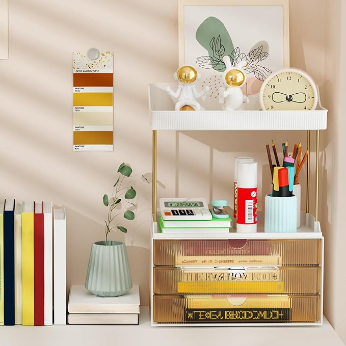 3 Drawers Makeup Organizer - 5 Tier Bathroom Organizers and Storage, Versatile Perfume Organizer, Vanity Organizer, Ideal for Cosmetic, Large Skincare, Face Mask, Office Supplies, Amber