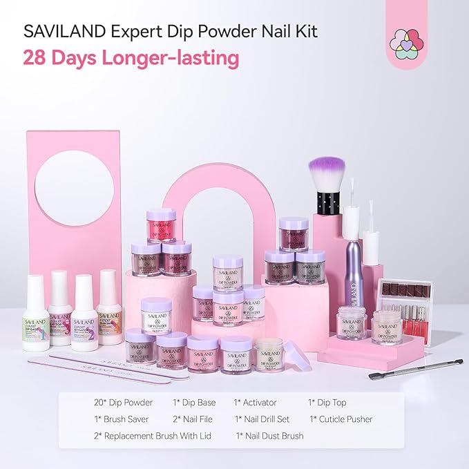 SAVILAND Advanced Dip Powder Nail Kit with Nail Drill: 28 Days Long-lasting 20 Color Pink Nude Dip Nails Powder Starter Kit Dipping Powder Liquid Set Dip Base Top Activator Brush Saver French Nail Art