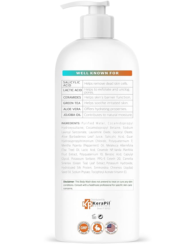 Exfoliating Body Wash With Salicylic Acid - Gentle Exfoliates Rough and Bumpy Skin, KP and Acne, with BHA & AHA - Unscented Body Wash, Made in USA - (16 fl oz)