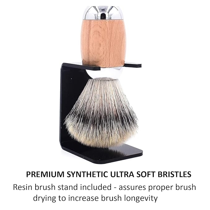 Taconic Shave's Synthetic Silvertip Luxury Shaving Brush – Deluxe Beechwood and Chrome Handle - Shaving Stand Included