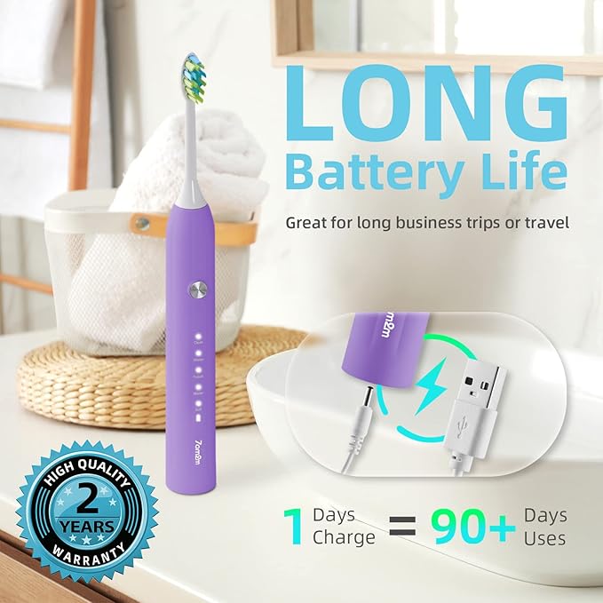 7AM2M Electric Toothbrush for Adults, Sonic Toothbrush with 8 DuPont Brush Heads, Travel Case, Rechargeable, 2-Minute Timer, Purple
