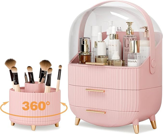 RMAN Makeup Organizer for Vanity Make up and Cosmetics Storage with Lid and Drawers Skincare Organizers Display Cases for Countertop Bathroom Dresser(Pink With 360 Rotating Brush Holder)