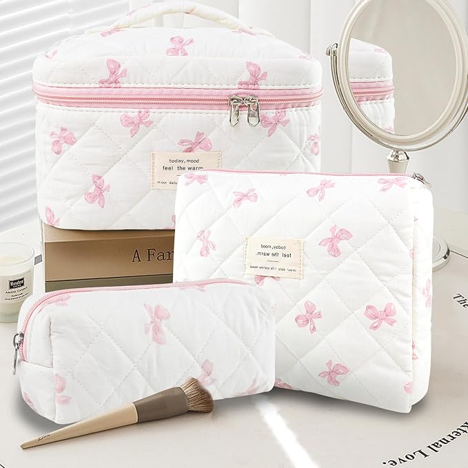 3Pcs Makeup Bag Cotton Quilted Travel Cosmetic Bag Cute Floral Makeup Pouch Large Toiletry Bag for Women Girls (Bow-Pink)