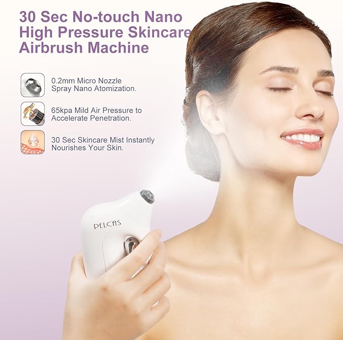 PELCAS Cordless Facial Mister, 0.2mm Nano Facial Mist Sprayer, 65Kpa Oxygen Facial Machine, Airbrush for Skincare, Serum, Toner, Facial Essence SPA at Home