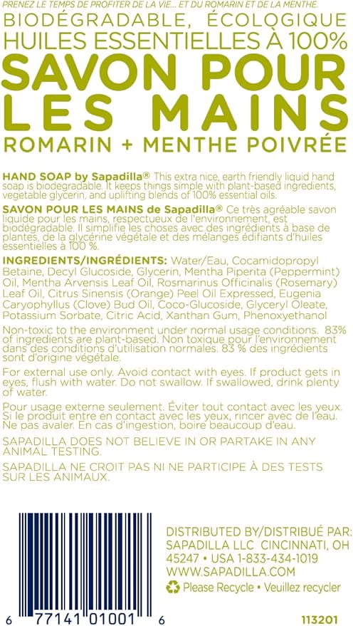 Sapadilla Liquid Hand Soap - Rosemary + Peppermint - Made with 100% Pure Essential Oil Blends, Cleansing & Moisturizing, Aromatic & Fragrant Hand Soap, Plant Based, Biodegradable, 12 Ounce (Pack of 1)