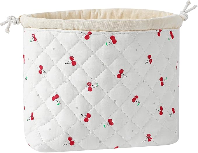 Cotton Quilted Drawstring Makeup Bag with Canvas Lining,Coquette Aesthetic Cute Travel Toiletry Bag,Drawstring Gift Bag for Women and Girls(01Cherry)