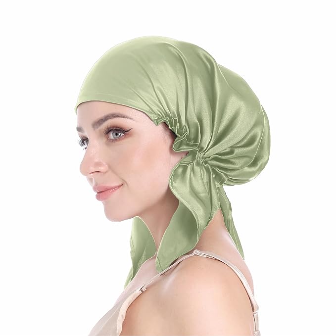 100% Silk Bonnet for Sleeping, Hair Bonnet with Tie Band, Large Silk Sleep Cap for Curly Hair, Silk Hair Wrap for Hair Care (Sage Green)