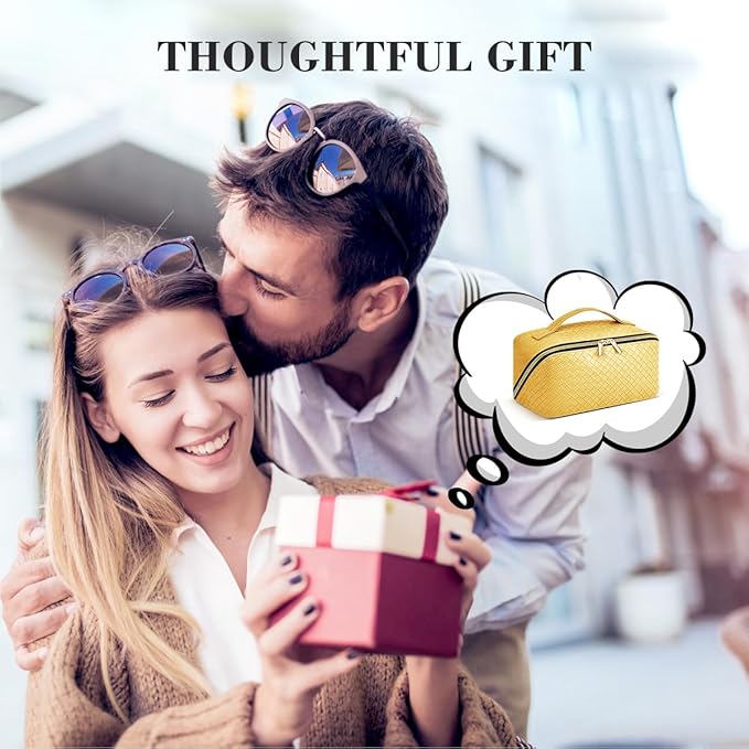 Travel Makeup Bag: Large Capacity Cosmetic Bag for Women, Portable PU Leather Waterproof Stuff Bag With Handle and Divider Flat Lay Makeup Pouch Toiletry Bag Birthday Gift for Women - Yellow