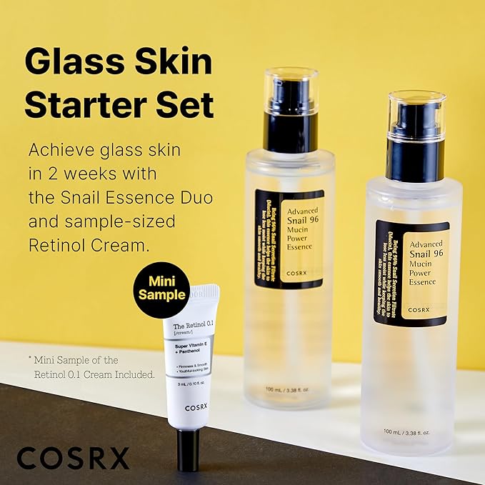 COSRX Glass Skin Starter Set, Amazon Exclusive, Advanced Snail 96% Mucin Power Essence & Retinol 0.1% Cream Mini Sample, Mothers Day Gifts for Mom, Korean Skin Care Kit, Gift Set