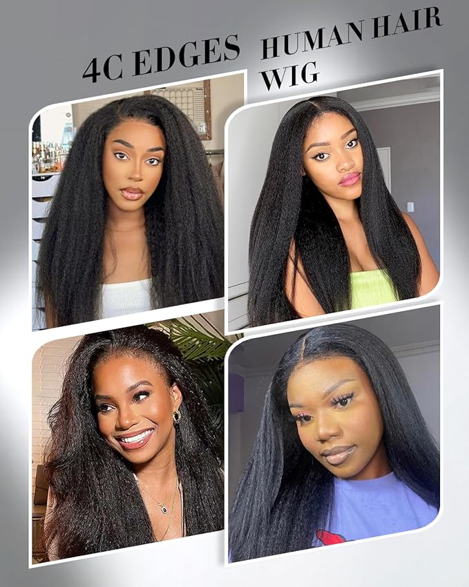 4C Edges HD Lace Front Wig Human Hair Kinky Stairght, 13x4 Lace Frontal Kinkystraight Wigs with Kinky Edges Hairline Pre-Plucked 180% Density 28 inch