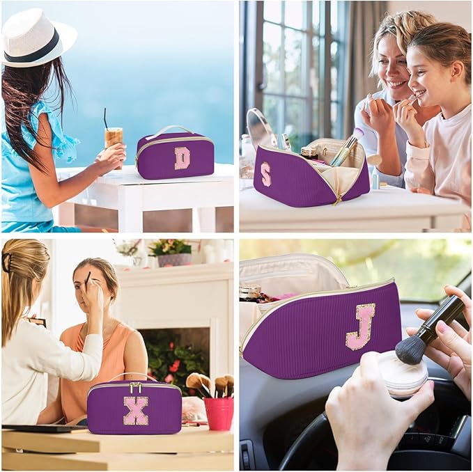 Gifts for Girls, Initial Travel Makeup Bag Women's Day Gift Make up Bag Cosmetic Bags Monther's Day Gifts, Personalized Stuff Bag Cute Makeup Bag Birthday Gifts for Women/Friend/Mother Deep Purple - G