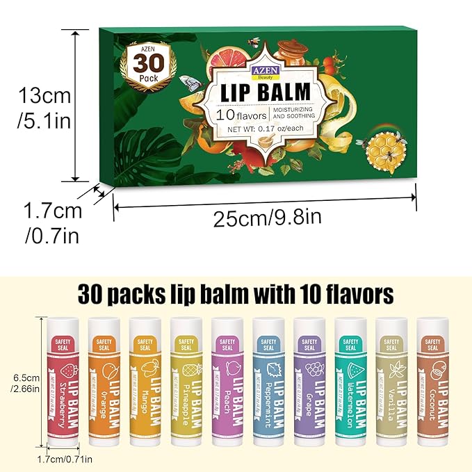 AZEN 30 Pack Lip Balm, Natural Lip Balm Bulk, Lip Care Product, Moisturizing Lip Balms for dry cracked lips - 10 Flavors
