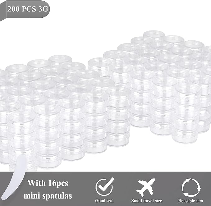 200PCS 3 Gram Sample Containers, 3ml Empty Jars with Lids, Small Cosmetic Containers, Mini Sample Jars with 16PCS Mini Spatulas for Make Up, Oils, Lotion, Powder, Paint, Jewelry, Lip Balms(Clear Lid)