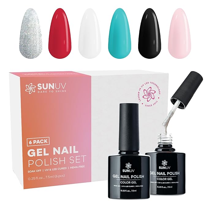 SUNUV Hema Free Gel Nail Polish Kit, 6 Colors Gel Polish Set, White Black Red Pink Silver Glitter, UV Nail Lamp Manicure Art Gift For Women and Girl