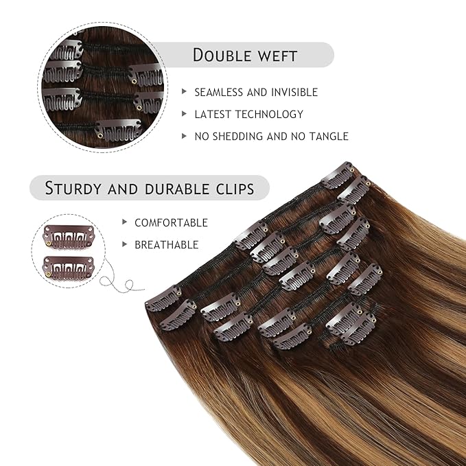YILITE Hair Extensions Clip in Human Hair 100% Remy Real Hair 110g 8Pcs #4-27-4 Balayage Chocolate Brown to Caramel Blonde Straight Silky Hair Double Weft Clip ins Hair extensions for Women